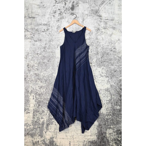 COPY - Eileen Fisher Blue Irish Linen Embroidered Asymmetrical Midi / Maxi Dres… - Picture 1 of 8